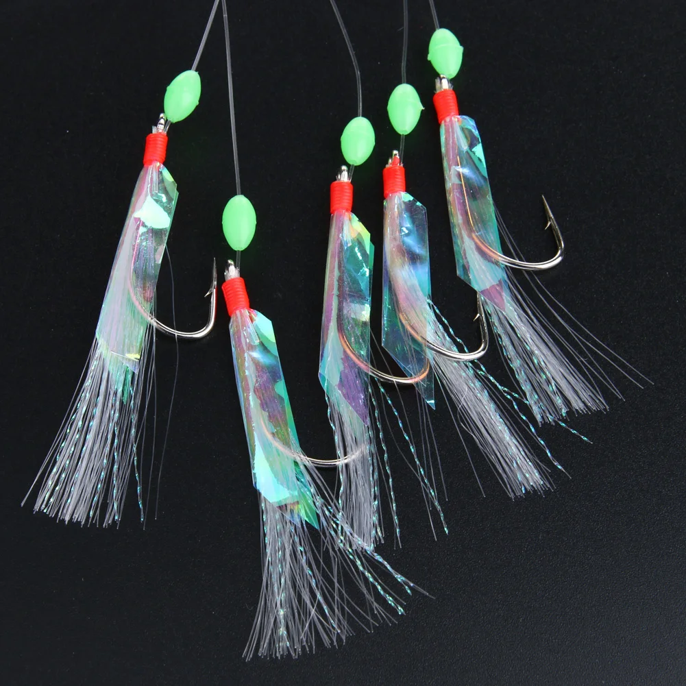 

String Steel 5 PCS Mackerel Barbed Hook Bass Cod Lures Sea Fishing Rigs Tackle Boat Fishing Hook, Silver