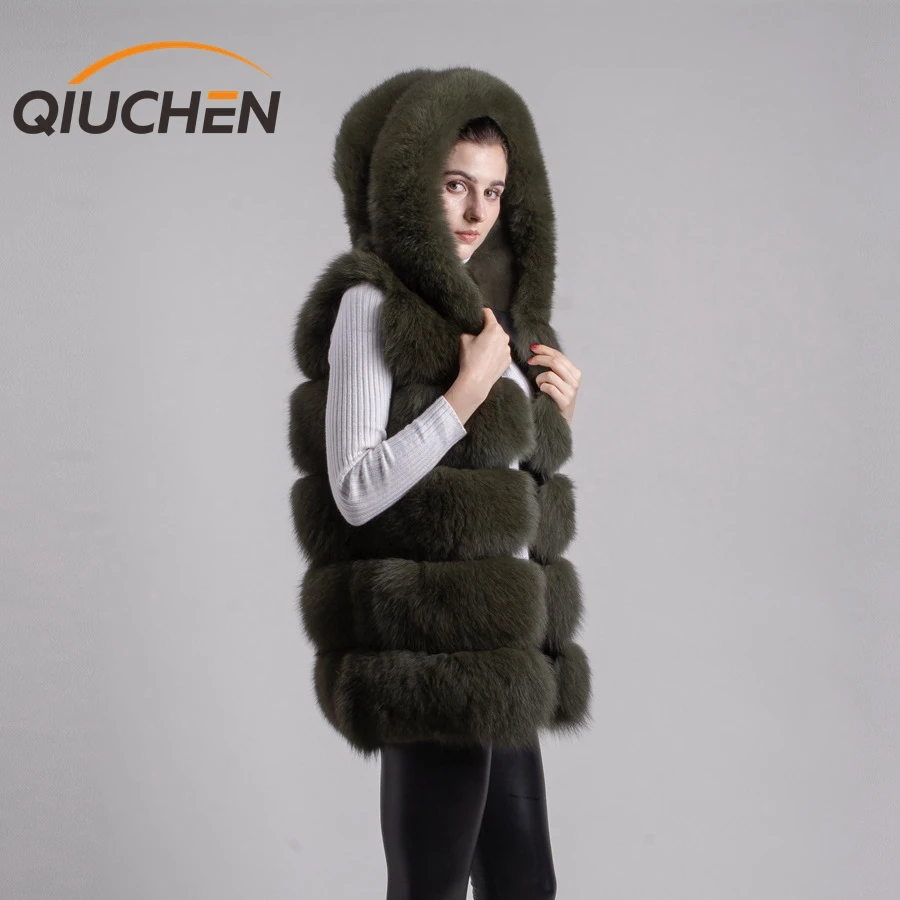 

QIUCHEN QC8062 women coats winter hot sale real fox fur coat natural fox fur vest hood vest gilet luxury fur jacket, Customized color