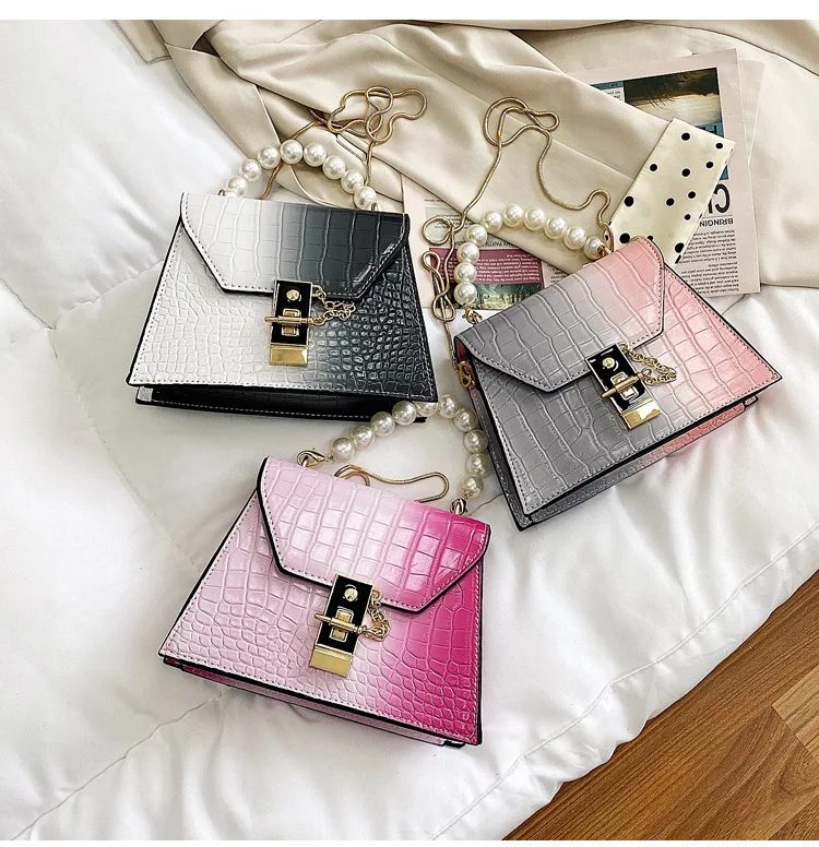 

BG-0481 Wholesale Fashion Trends Lady Handbag For Women Alligator Gradient PU Leather Pearl Chain Shoulder Square Messenger Bag, Picture color