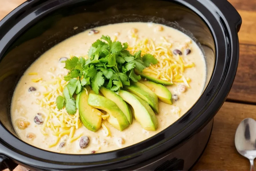 Slow cooker filled with creamy white chili topped with fresh cilantro, avocado slices, and shredded cheese on a wooden table