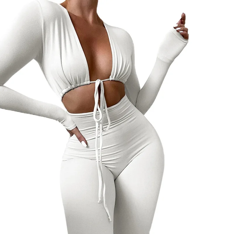 

Wholesale latest design solid color long sleeve hollow out crop top sexy bodycon splice tether bandage cross jumpsuits for women, Black, khaki