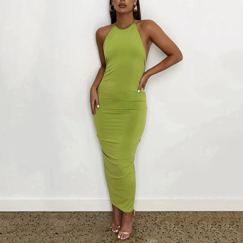 

2022 Spring And Summer New Temperament Wrap Dress Halter Strappy Fashion Sexy Slim Backless Ruched Bodycon Dress For Women, As picture