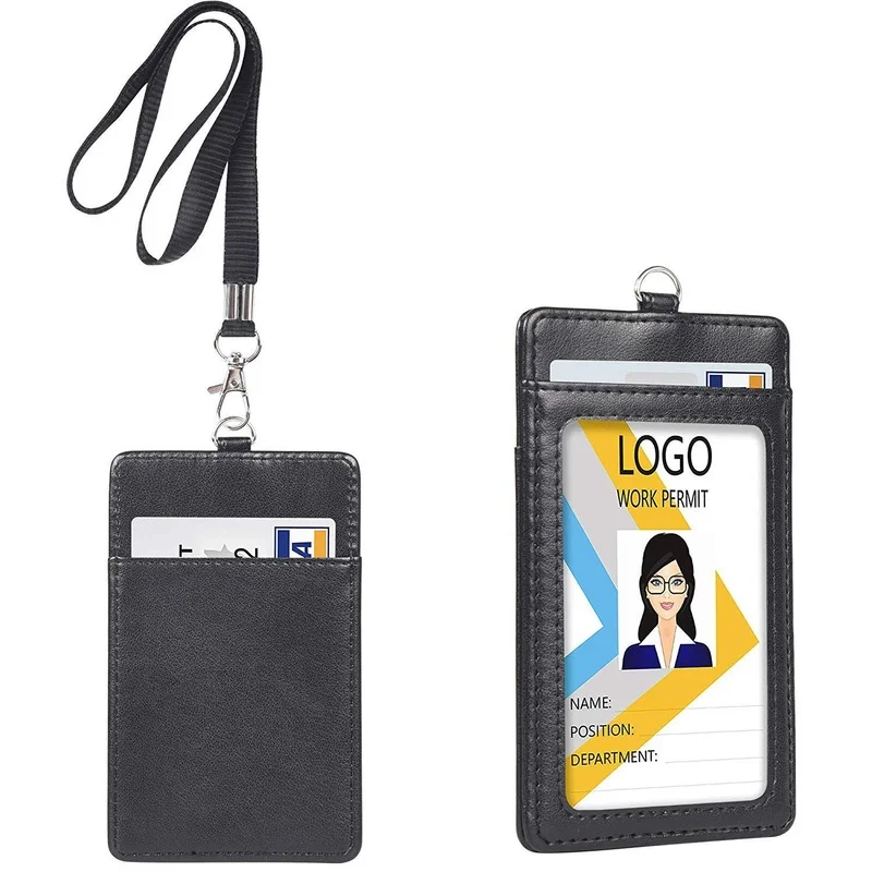 

Amazon Hot Sell PU Leather ID Badge Card Holder With Detachable Nylon Neck Lanyard
