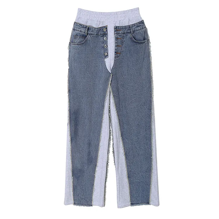 

New Arrival Women Stylish Jeans Straight Leg Patchwork French Terry Contrast Color Denim Pants