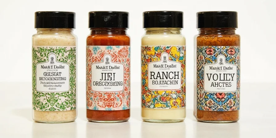Lineup of spices used in ranch dressing.