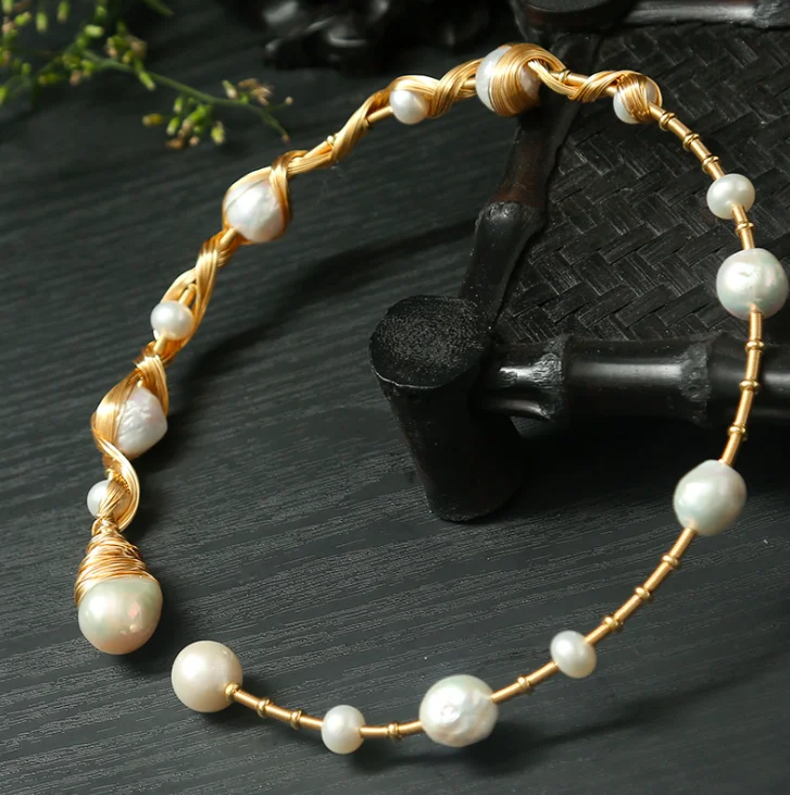 

jialin jewelry women 2020 design Italy 14k gold silk wire freshwater baroque pearl chocker necklace