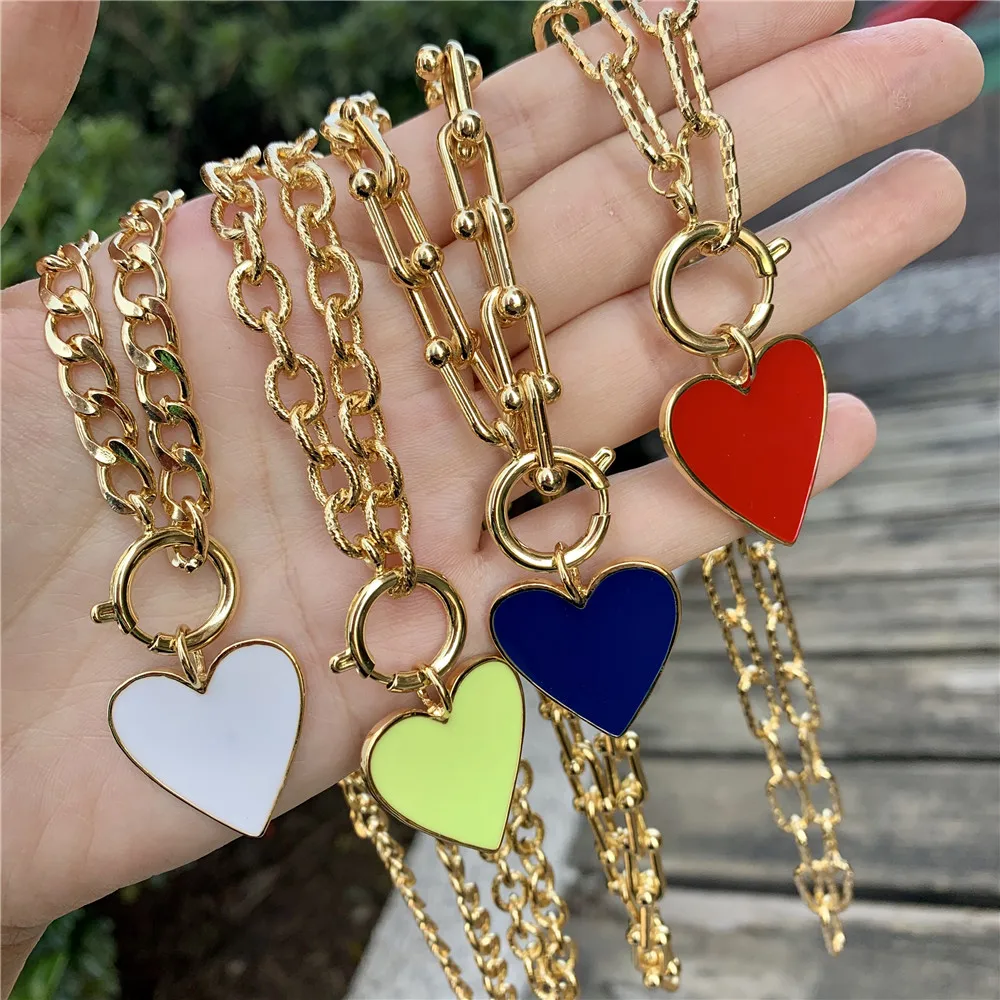 

LS-E1560 fashion rainbow color heart charm paper clip link chain Neon Enamel colorful necklace jewelry for women gift, As is