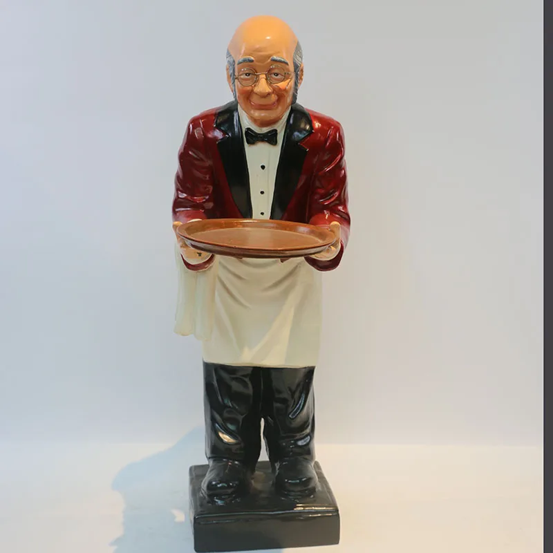 Red Poly Butler Statue Resin Unique Restaurant Decorative Waiter