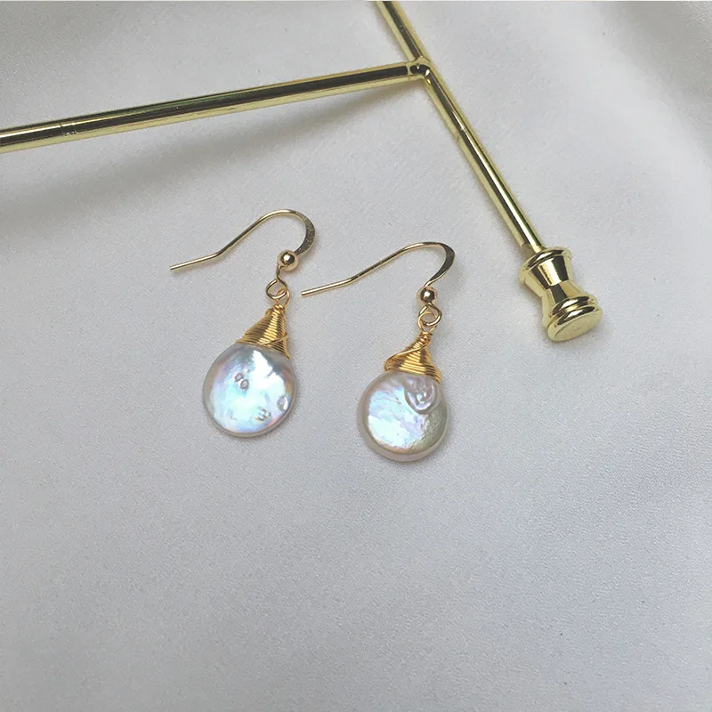 

Simple and fashionable 14K gold plated baroque winding handmade button pearl unique earrings, As pictures