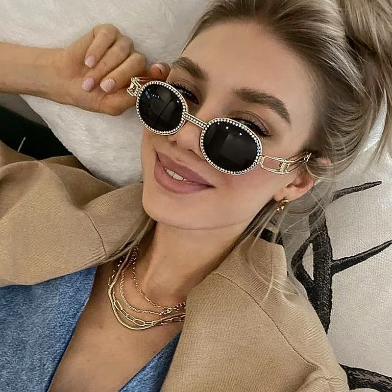 

Trendy Retro Steampunk Metal frame Small Oval shape Luxury Bling Shades Rhinestone Diamond Luxury Sunglasses for Women