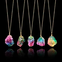 

Fashion Crystal Chakra Rock Necklace Gold Color Chain Long Necklace Rainbow Natural Stone Pendant Necklace For Women Gift