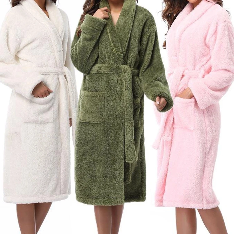 

Customized Winter Coral Fleece Robe Women Warm Solid Nightgown Long flannel Kimono Spa Robes, Provide fabric to choose