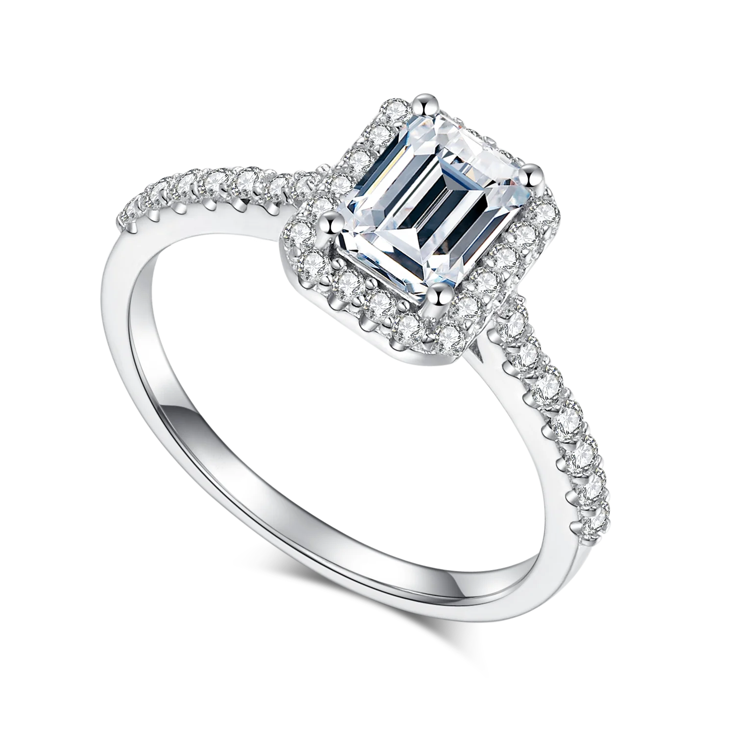 

Factory Price White Gold Plated 925 Silver Ring Emerald Cut D VVS Moissanite Diamond Rings