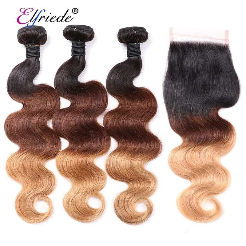 

#T 1B/4/27 Body Wave Ombre Hair Bundles with Lace Closure 4"x4" Brazilian Remy Human Hair Wefts with Closure JCXT-134
