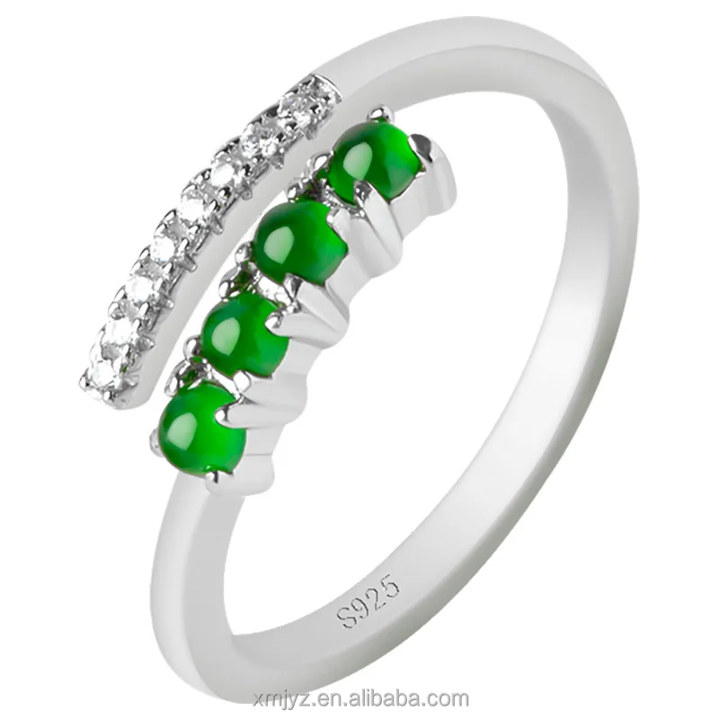 

Certified Grade A S925 Silver Inlaid Natural Emerald Green Ice Jade Stone Ring Fashion Men's Ring Women's Adjustable