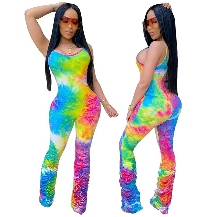 

New Arrivals Ladies Rompers Casual Wear Sleeveless Summer Rainbow Print Tie Dyed Strap Wrinkle One Piece Women Jumpsuit, Customized color