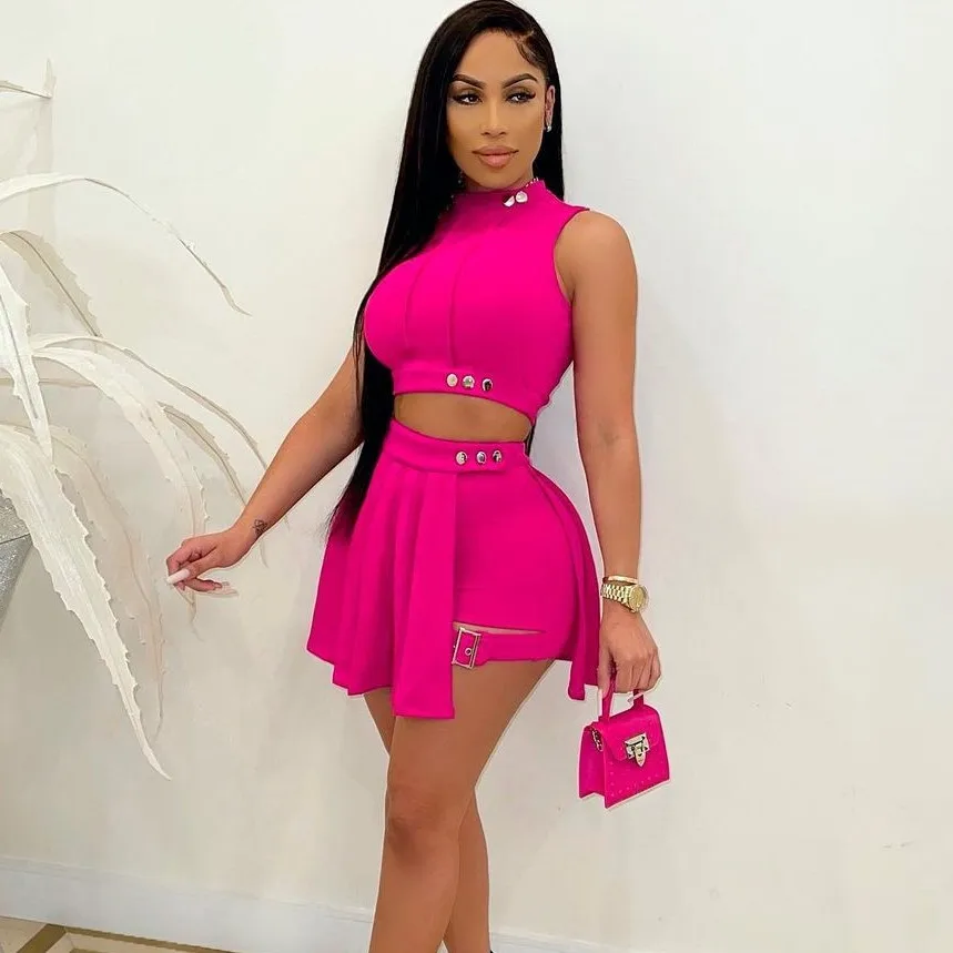 

Summer Sexy Rose Red Sleeveless Women's Pleated Tennis Two Piece Short Mini Skirt And Top Sets Women Clothing 2 Pc Skirts Set