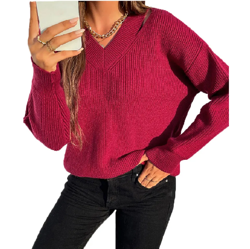 

10704-MX75 fall vneck loose plain knitted women's sweaters sehe fashion