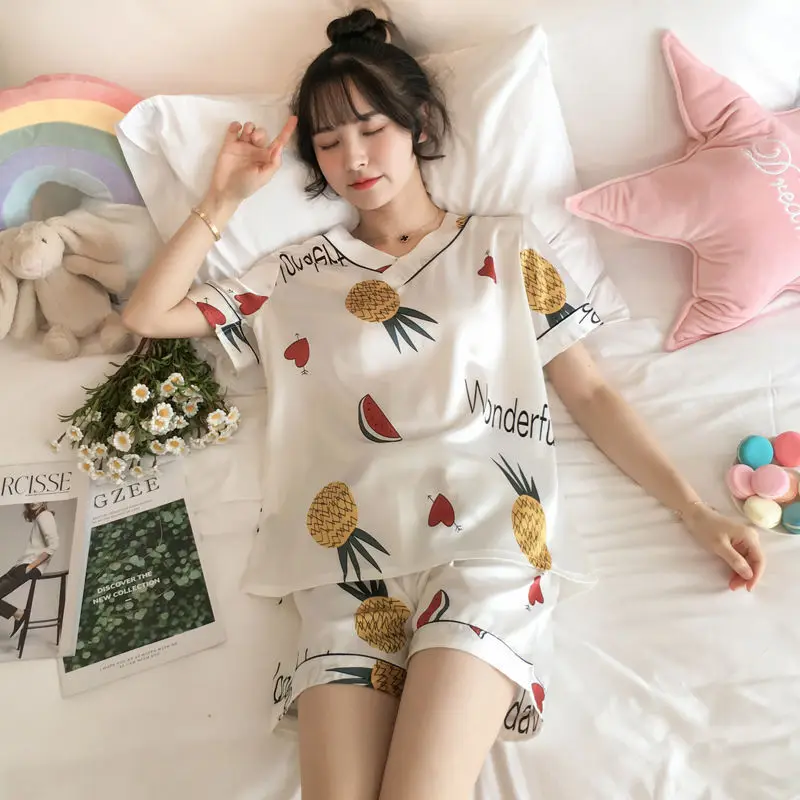 

Women Pajamas Set Satin Sleepwear Sexy Women's Lingerie V-neck Nightwear Imitate Ice Silk Night Wear Homewear for Female Pyjamas, Customized color