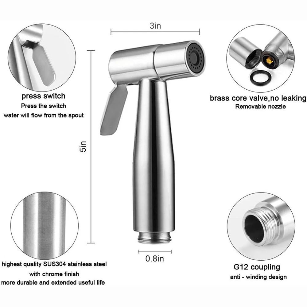 Toilet Handheld Toilet Sprayer 304 Stainless Steel Brushed Bidet Spray ...