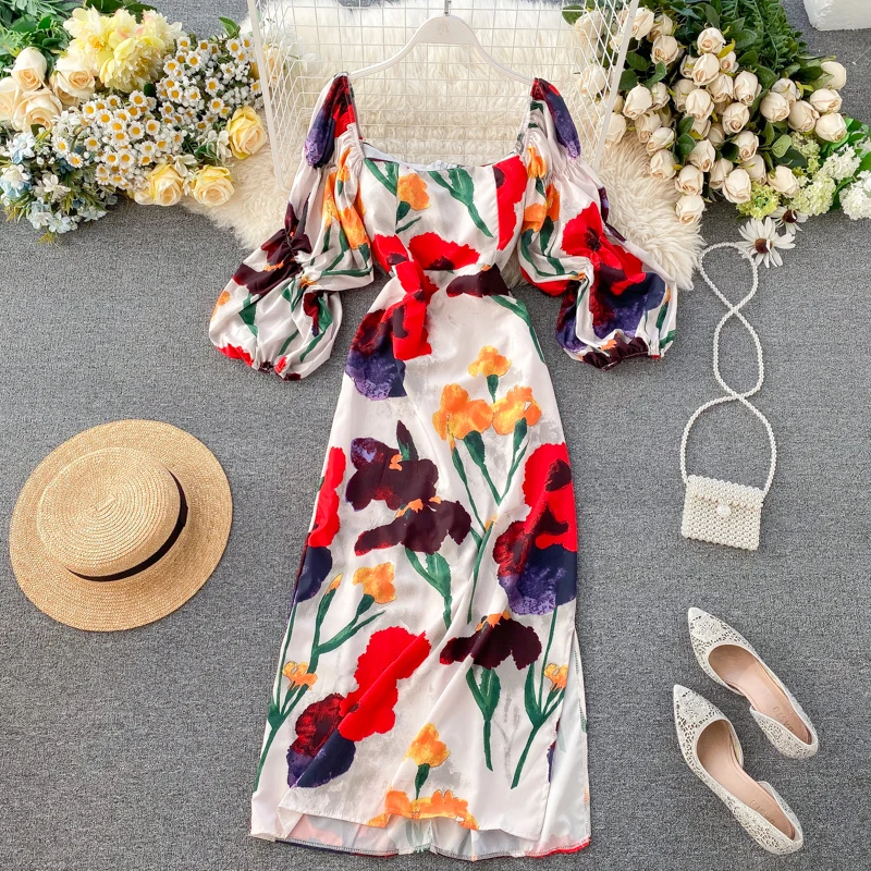 

LY310 French Stylish Vintage Square Neck Floral Print Puff Sleeve Long Dress Vestidos Mujer Clothing