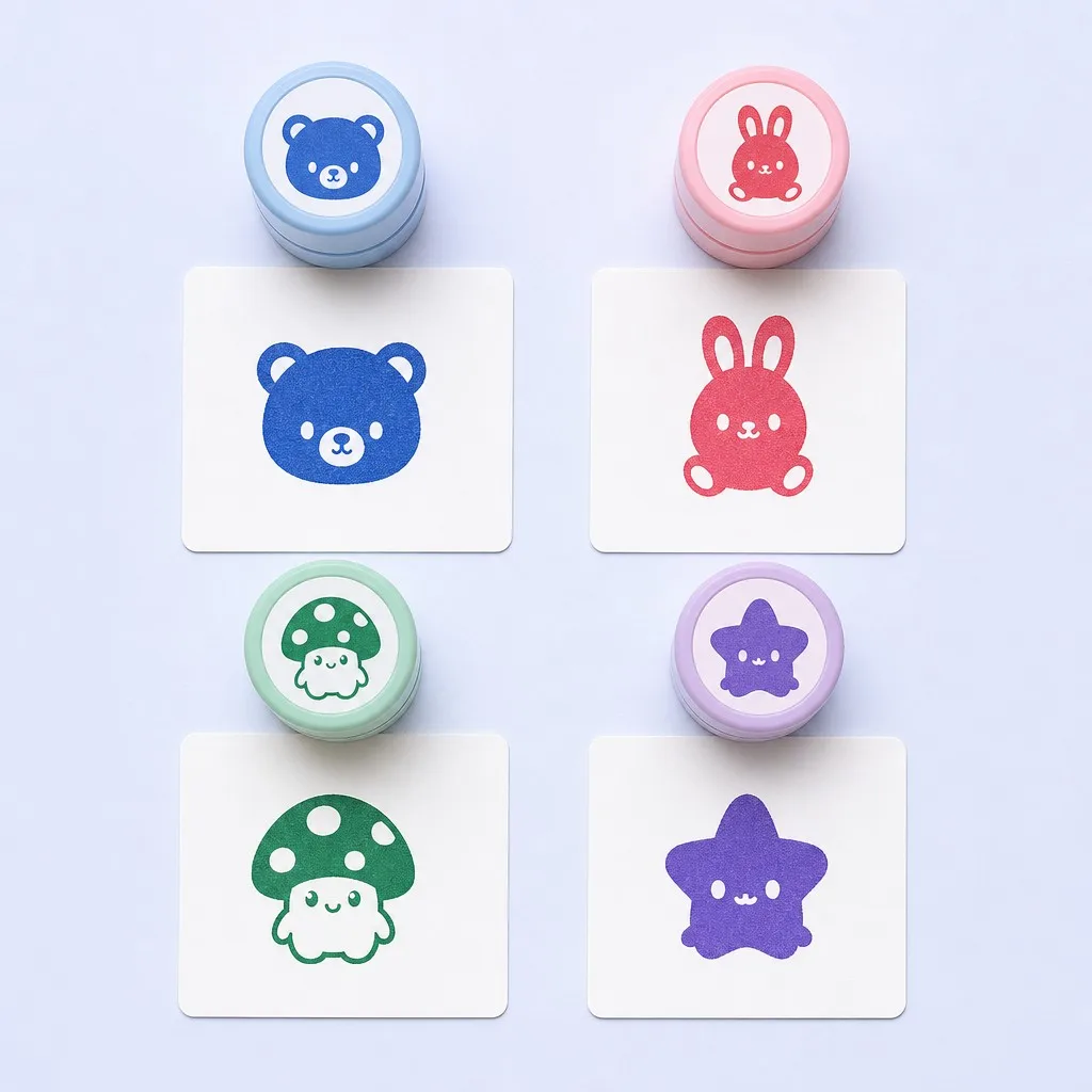 Four kawaii stamp imprints on white cards showing bear bunny mushroom and star characters in vibrant ink colors
