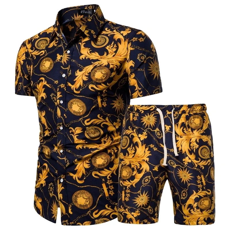 

Wholesale Hot Sale Summer All Over Print New Hawaiian Beach Wear Mens Shirts and Shorts Set in Plus Size Till 5XL, Custom colors fabric