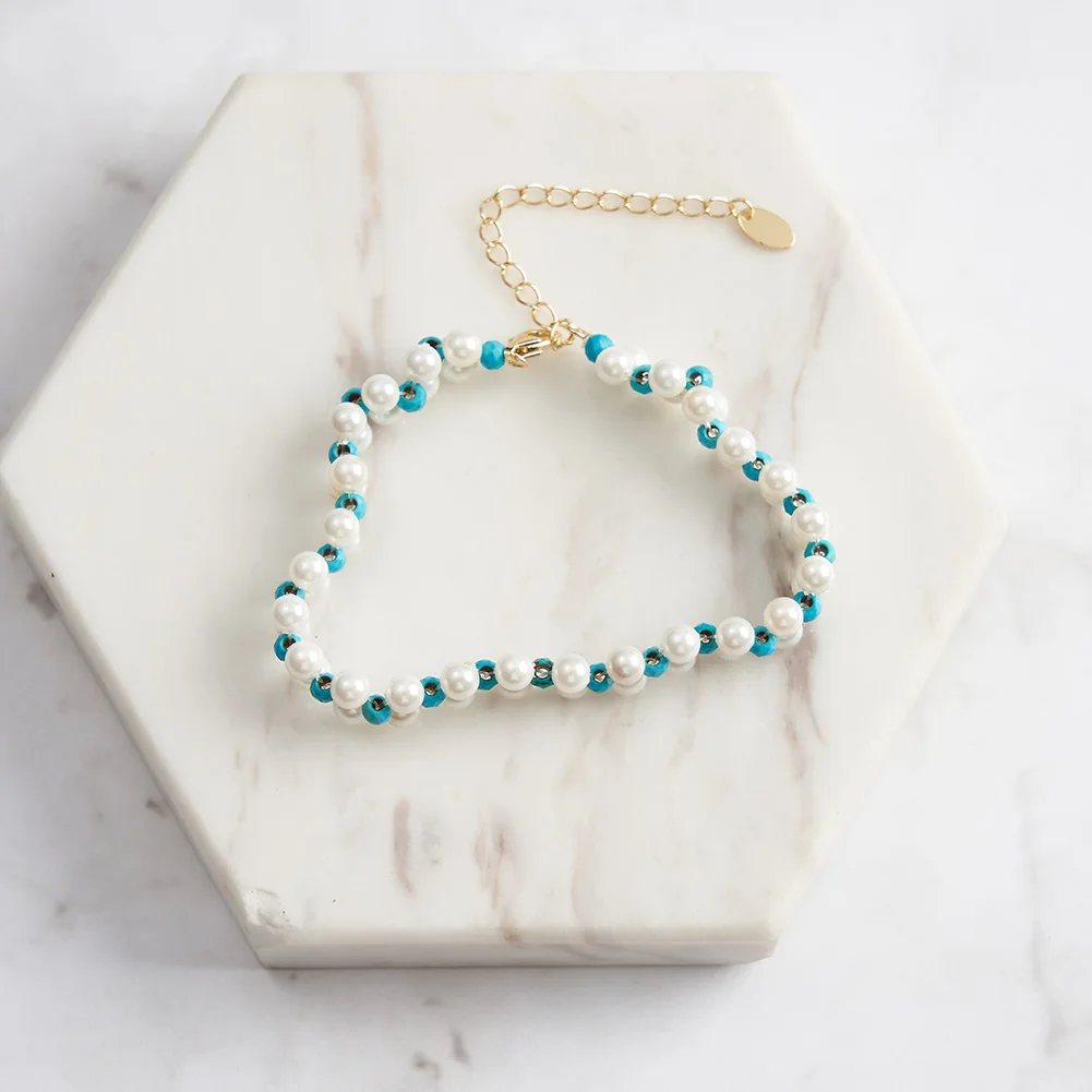 RINNTIN GMB64 Hot Selling Stretch Turquoise Shell Pearl Bead Bracelets Boho Beaded Bracelet for Women Jewelry