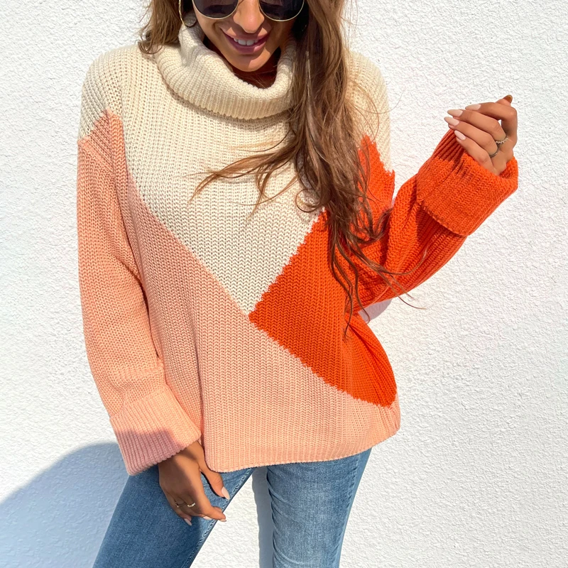 

New winter 100%Acrylic color blocking knitwear turtle neck knitted sweater pullover for women, Blush,gray,orange