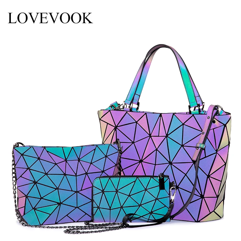 

LOVEVOOK brand handbags for women luxury designer geometric holographic reflective luminous bag set 3pcs purses and handbag