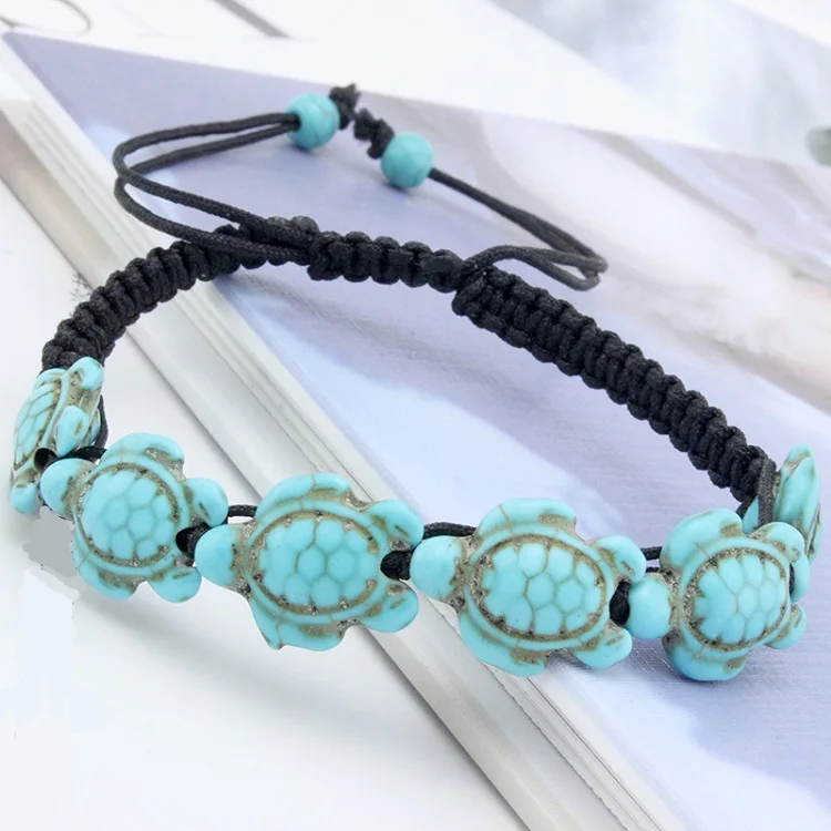 

Turtle Bracelet Turquoise Hawaii Style Ocean Turtle Bracelet Wax Cord Wrap Bangle Adjustable Handmade Bohemian Jewelry Gifts