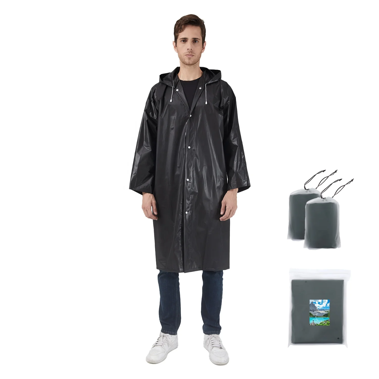 

2 pack black adult rain coat with compact drawstring bag EVA Rain Poncho for Women and Men, Reusable Raincoat, Pink, yellow, blue, grey, red, purple, green semi-white, black