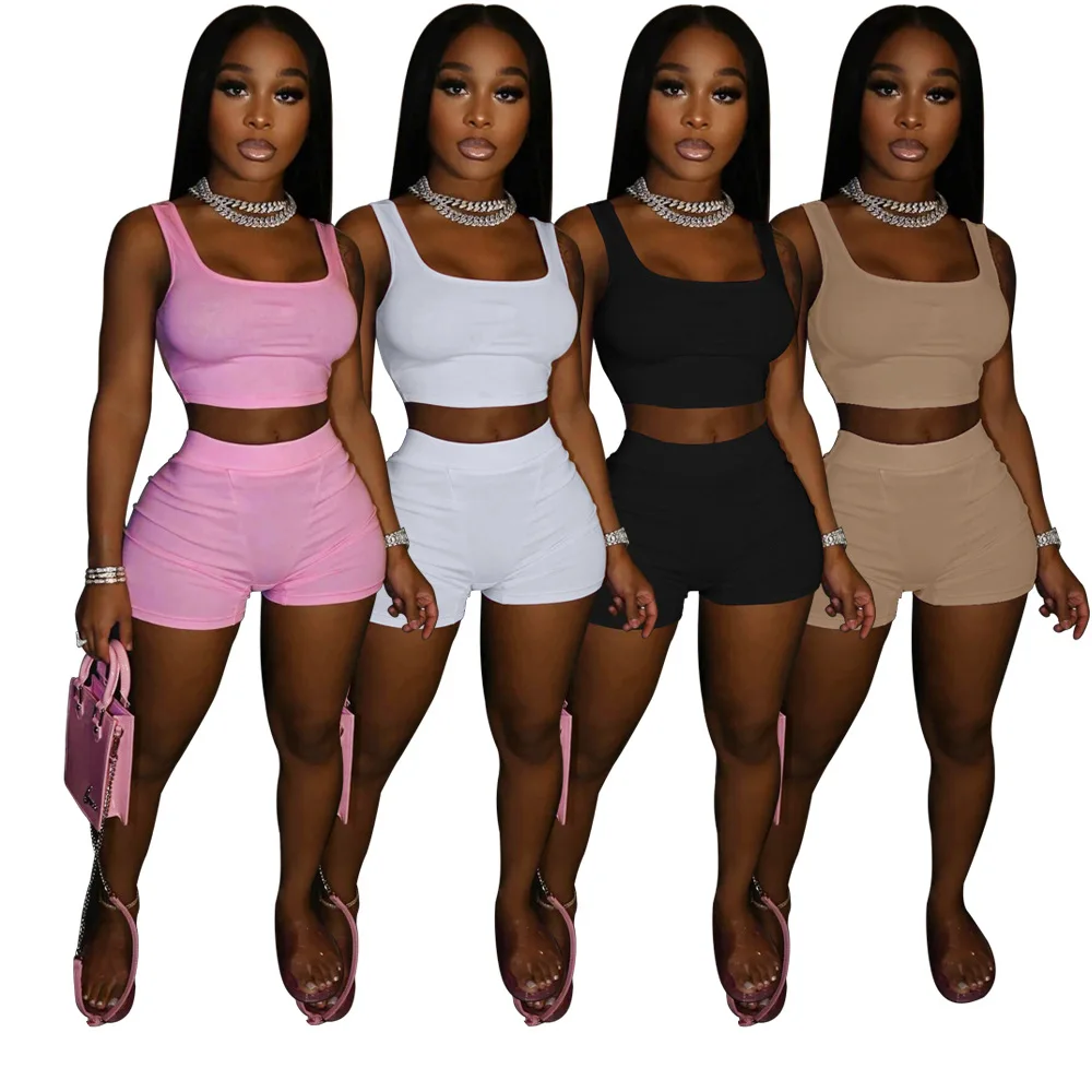 

2022 Spring Casual Women Clothes Sports Two Piece Pants Set Outfits Solid Color Sleeveless Short Set For Woman