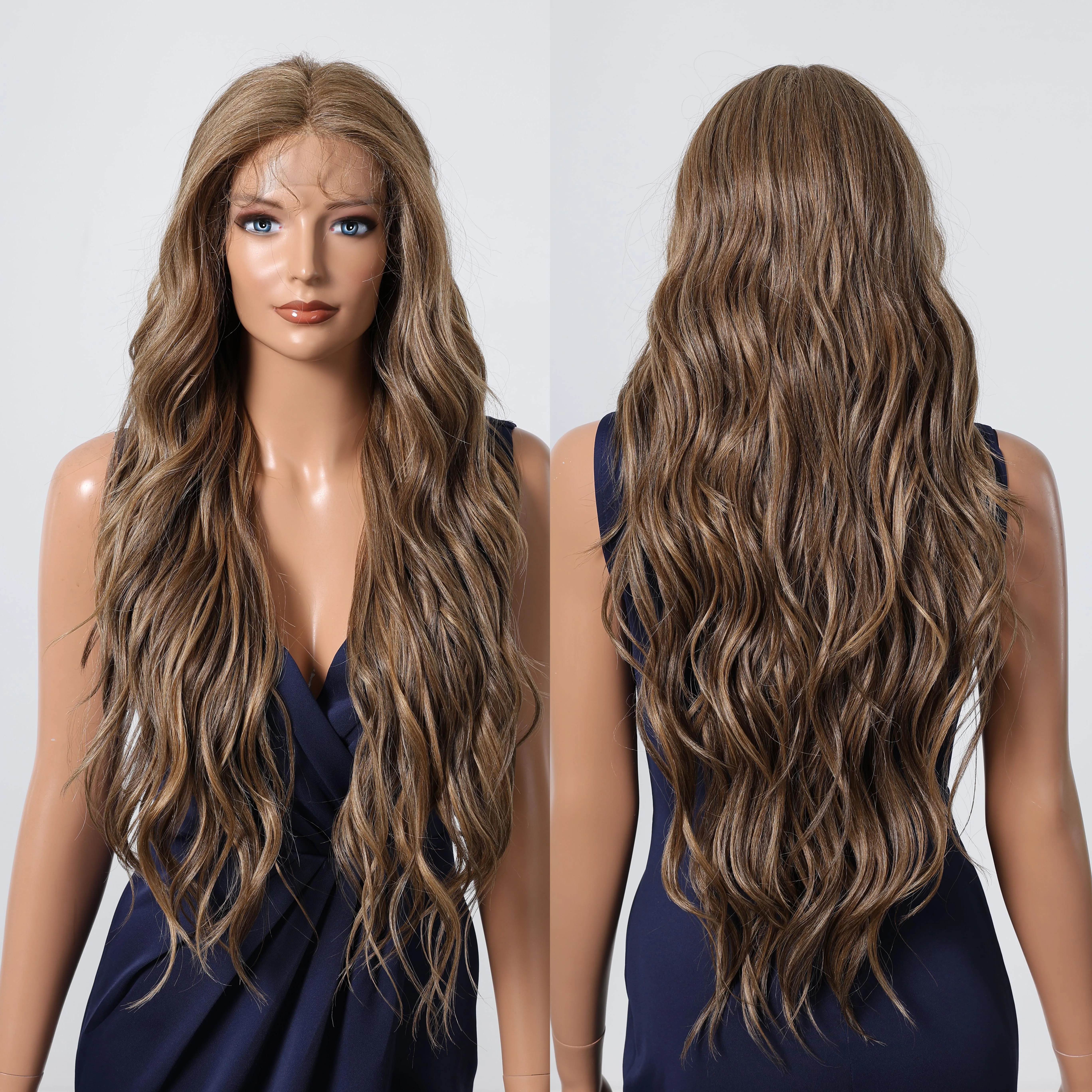 30 Inch Heat Resistant Fiber Brown Variable Blonde Layered T-Shaped Front Lace Wig Long Super Curly Lace Wig Soft