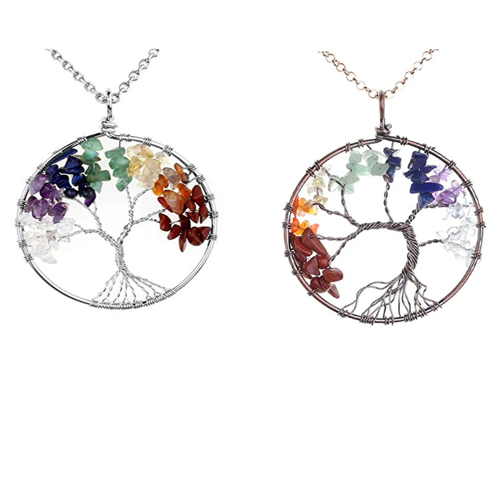 

Tree Of Life Wire Wrapped 7 Chakra Healing Crystal Natural Gemstone Pendant Necklaces Jewelry