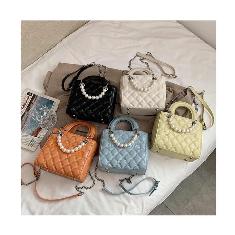 

Lingge Embroidery Thread Shoulder Bags PU Leather Small Square Clutch Crossbody Bags Women Beading Pearl Handbags and Purses