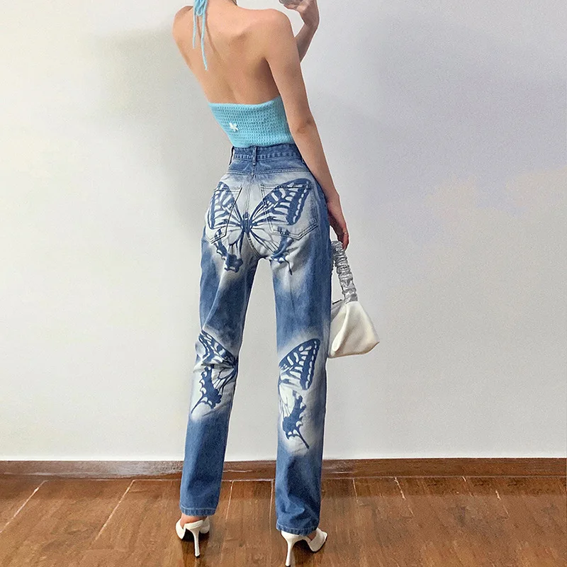 

FS4354D latest design Jeans High Waist Straight Fashion prints Denim Women's Pants