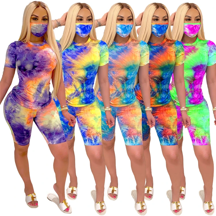 

Top Sale Sexy Tie Dye Print Short Sleeve Skinny Fitness Track Suits Colorful Summer Casual Women Two Piece Set