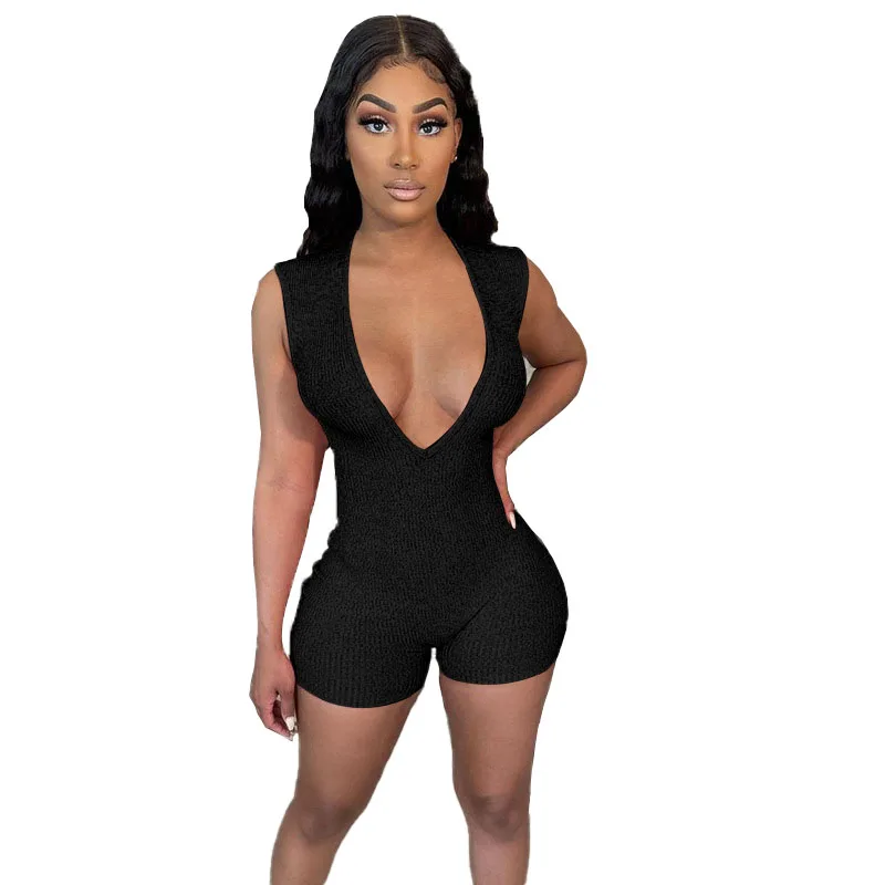 

New Design Sexy White Black One Piece Bodysuit Summer Rompers Deep V-neck Sleeveless Corset Yoga Ribbed Jumpsuits