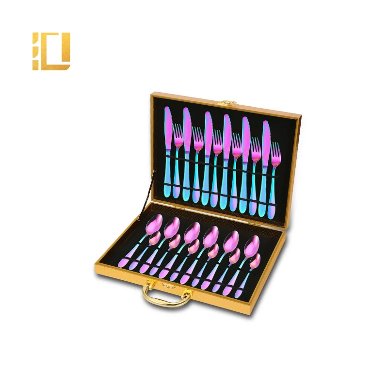 

24 pcs Stainless Steel Flatware set Wooden Box Electroplating Gold Cutlery Set Electroplating Gift, Customized