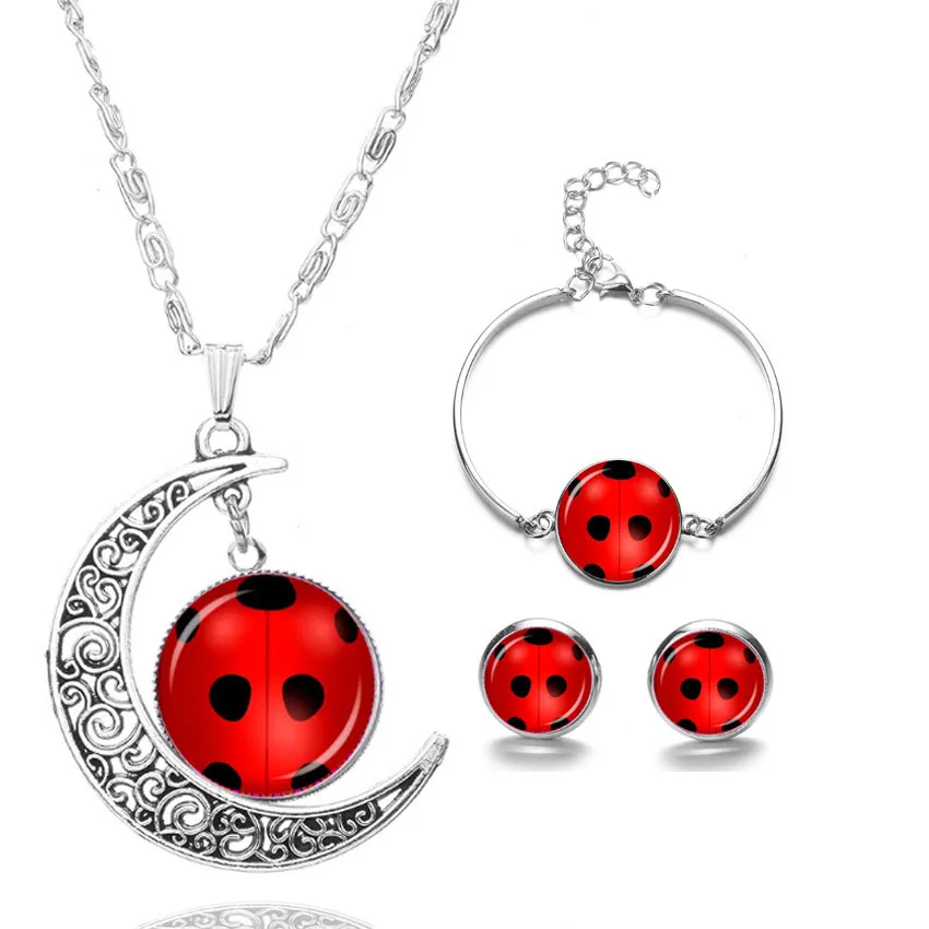 

2021 New Necklace for Women Fashion Miraculous Ladybug Necklace Bracelet Earring Jewelry Set, Rose gold,silver