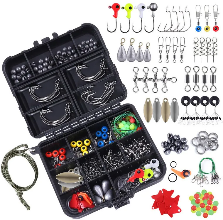 

New Arrival Low MOQ 186pcs/box Fishing Accessories Kit Box Including Offset Spoon Line Swivel Space Bean Beads Sinking Fishing, Black