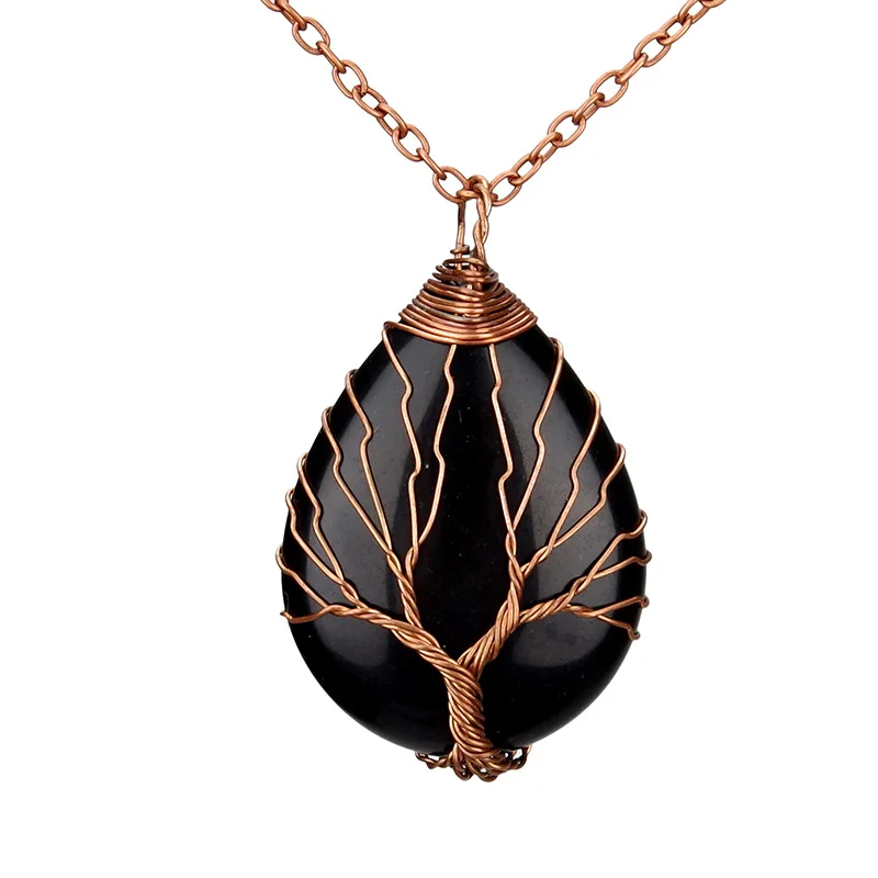 

Water Drop Handmade Gemstone Pendant Chakra Tree of Life Necklace Pendant Wire Wrap Natural Gemstone, Amethyst,black obsidian,oaplite,rose quartz,tiger eye,