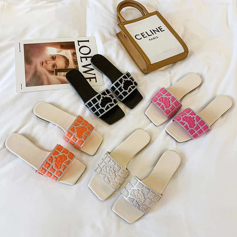 

35-42 Big size Bright embossed sandals flat slippers H128, Orange,beige,pink,black