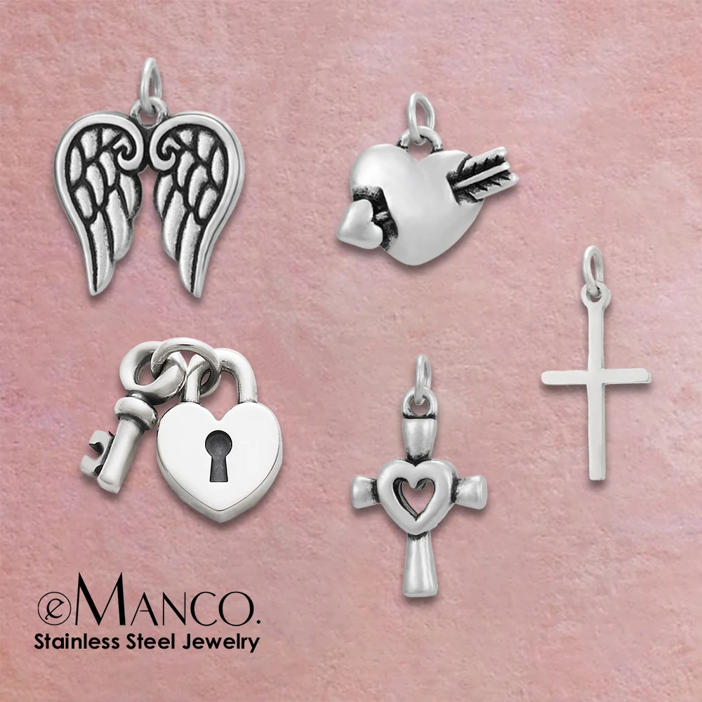 

eManco Hot Sale Stainless Steel Cool Punk Heart Love Cross Key Angel Wings Metal Charms For DIY Necklace Bracelet Jewelry M, Anti-silver