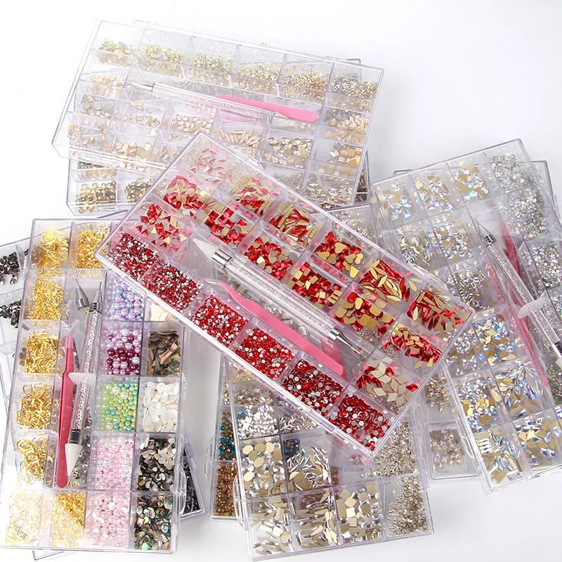 

IMAGNAIL 21 Grids Nail Gem Multi Shapes Mix Size Glass Crystal AB Nail Rhinestones