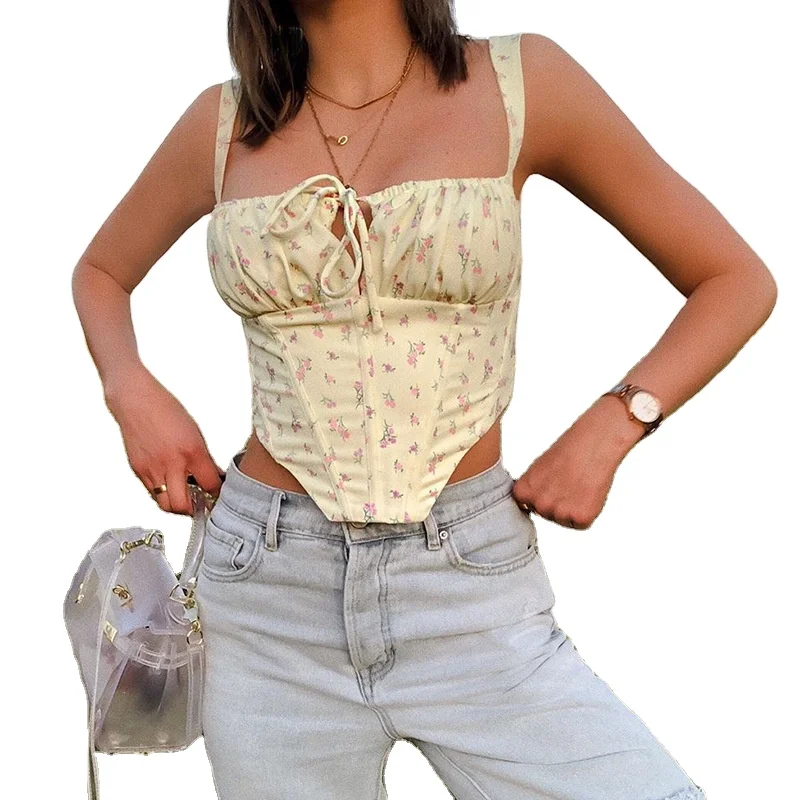 

Women Floral Lace-Up Sexy Blouse Umbilical Sling Small Vest Printed Zipper Open Back Small Sling GAO, As photo showed