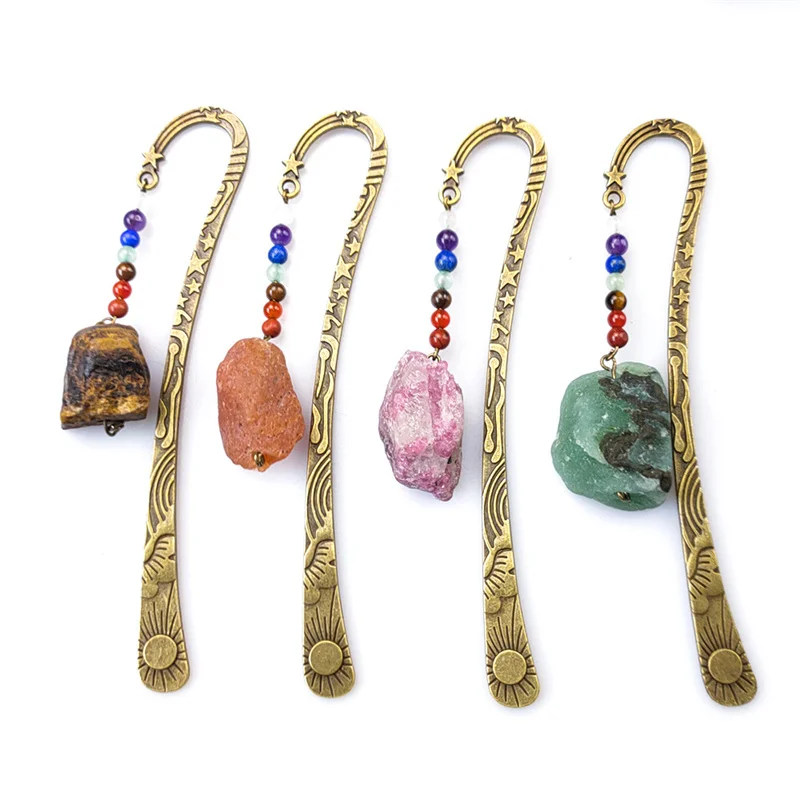 

Unique Vintage Metal raw gemstone Energy Bookmark Religious Bronze with 7 Chakra Crystals Healing Stone Beaded