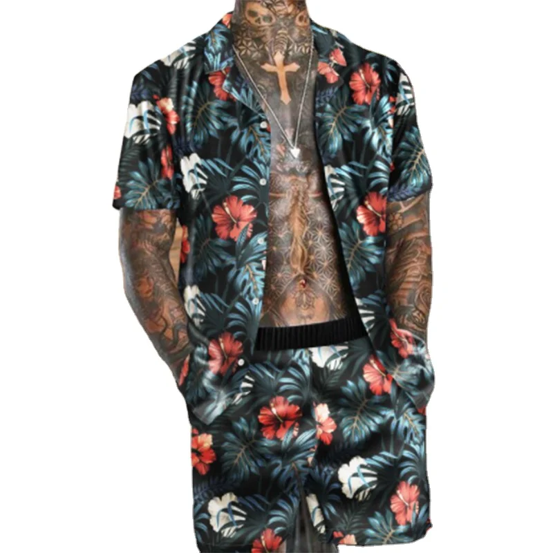 

2022 summer custom men's Hawaiian all over Printing beach Short Outfit Floral Shirt Shorts Two Piece Suit Sets for man