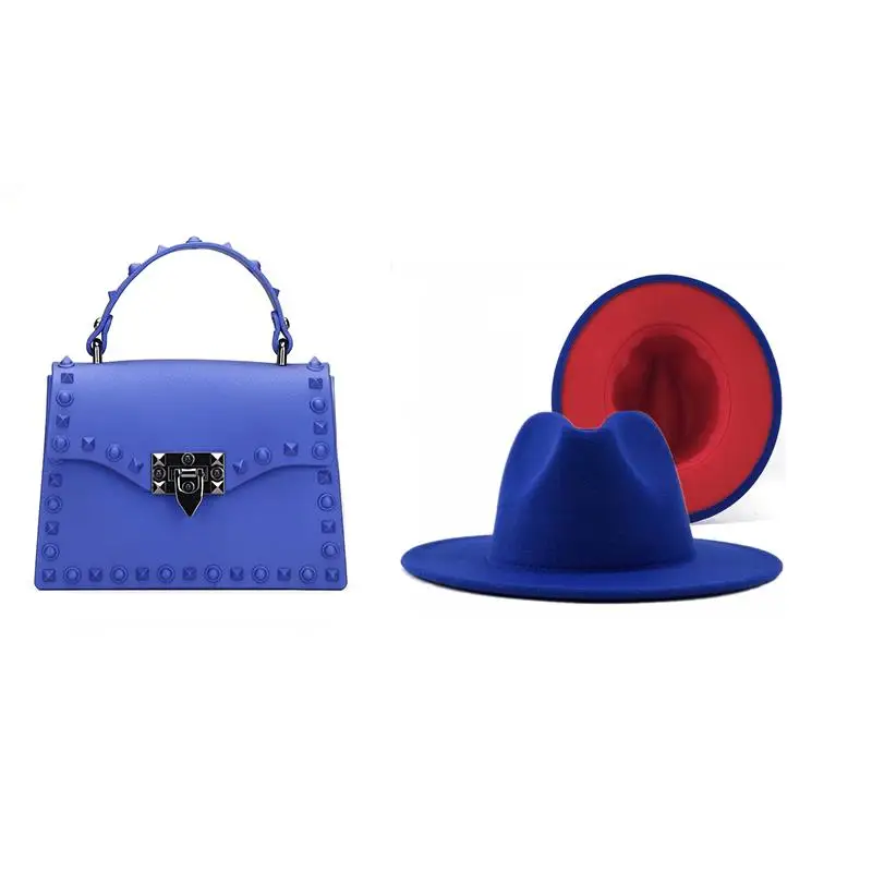 

Fashion Wholesale Pvc Ladies Blue Bag Fedora Hat And Handbag Set Purse For Women Handbag 2021 Rivet Bag Luxury Handbags, Purple,silver,rose red,blue,black,red
